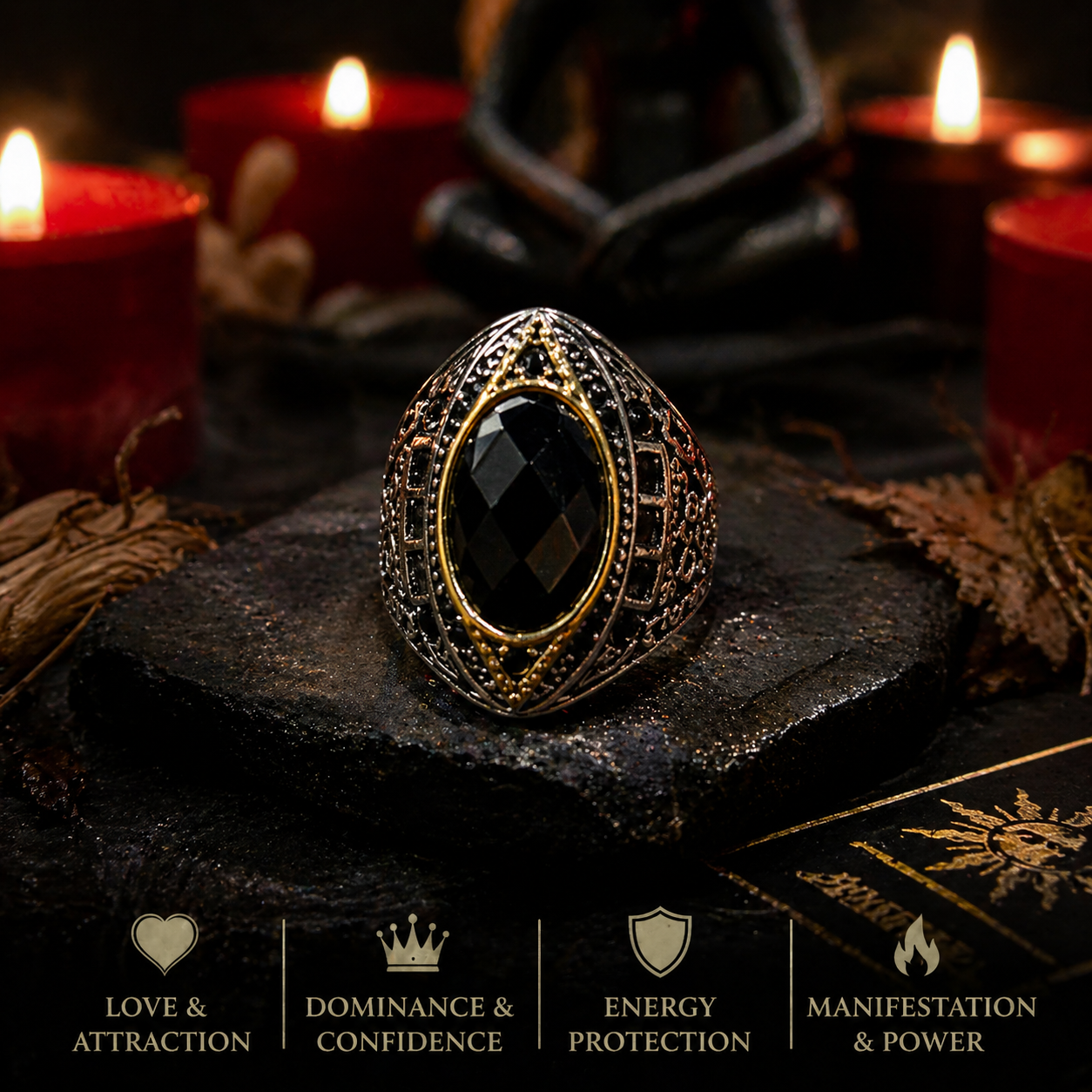 Black Stone Ring | Love, Dominance, Confidence, Aura Protection Manifestation Jewelry